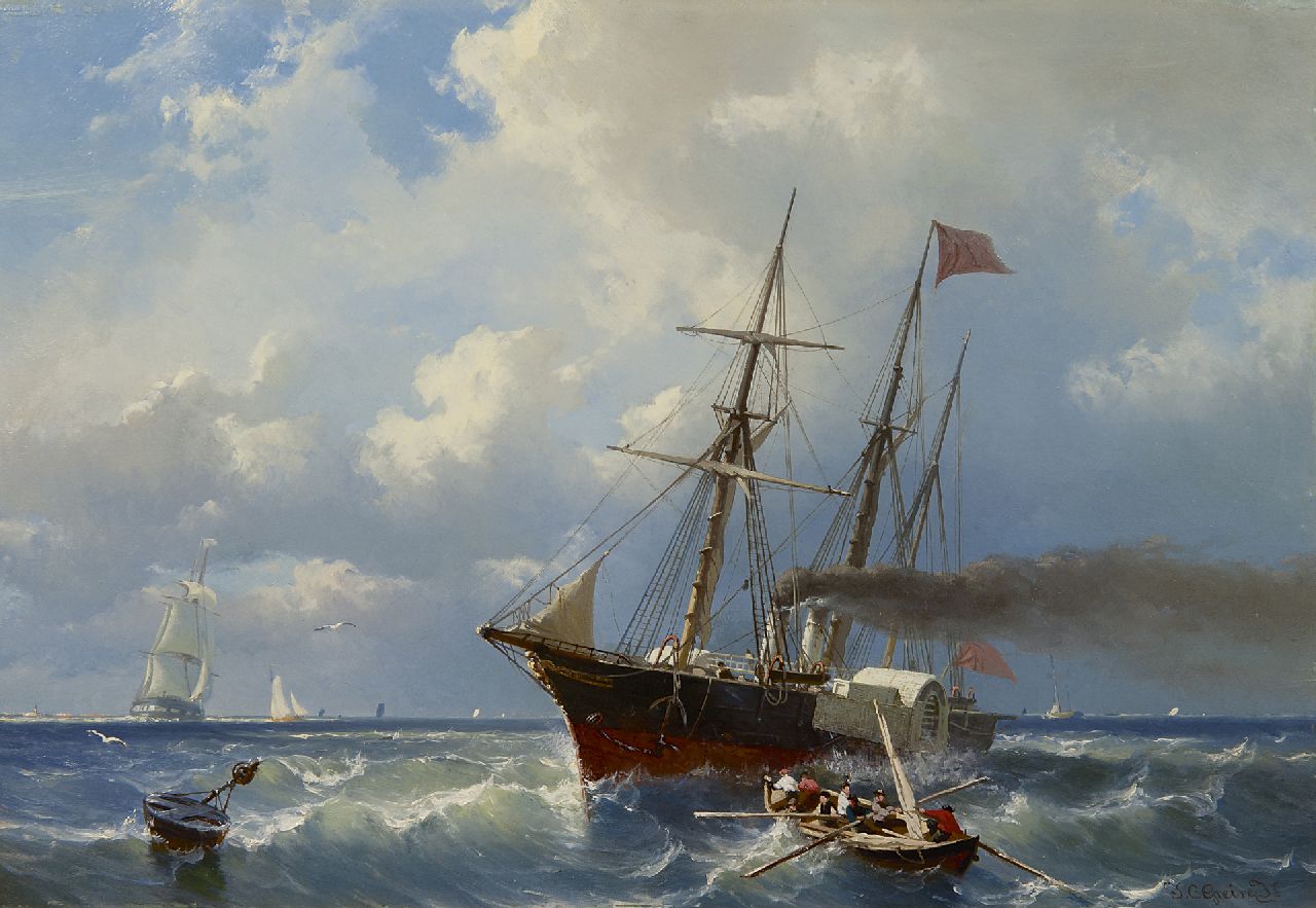 Greive J.C.  | Johan Conrad 'Coen' Greive, Raderboot voor de kust, olieverf op paneel 27,1 x 40,0 cm, gesigneerd rechtsonder en te dateren ca. 1860