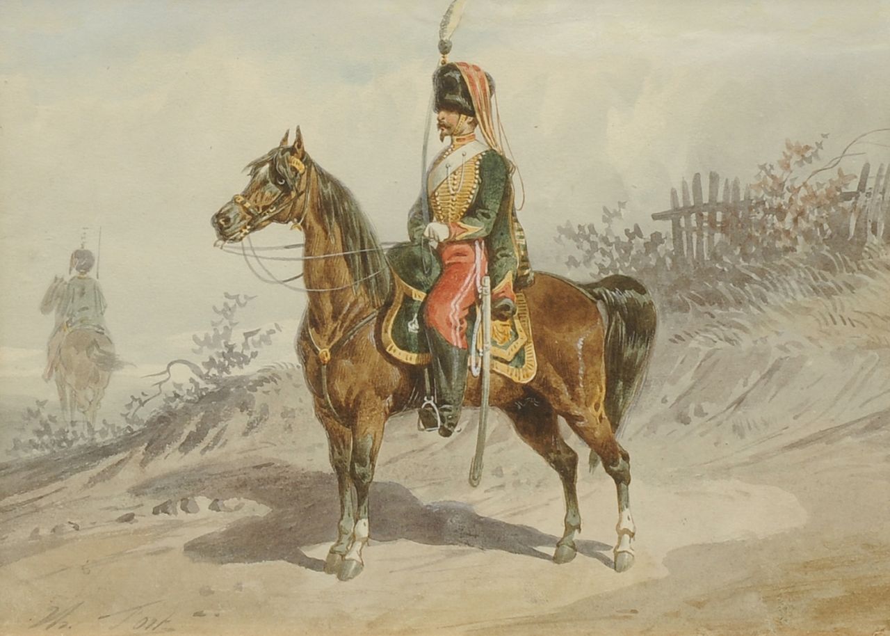 Fort T.  | Théodore Fort, Huzaar, aquarel op papier 19,7 x 26,6 cm, gesigneerd linksonder