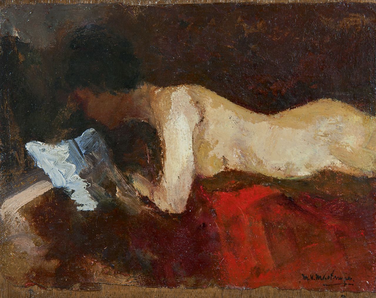 Mackenzie M.H.  | Marie Henri Mackenzie, Lezend naakt, olieverf op paneel 17,2 x 21,3 cm, gesigneerd rechtsonder