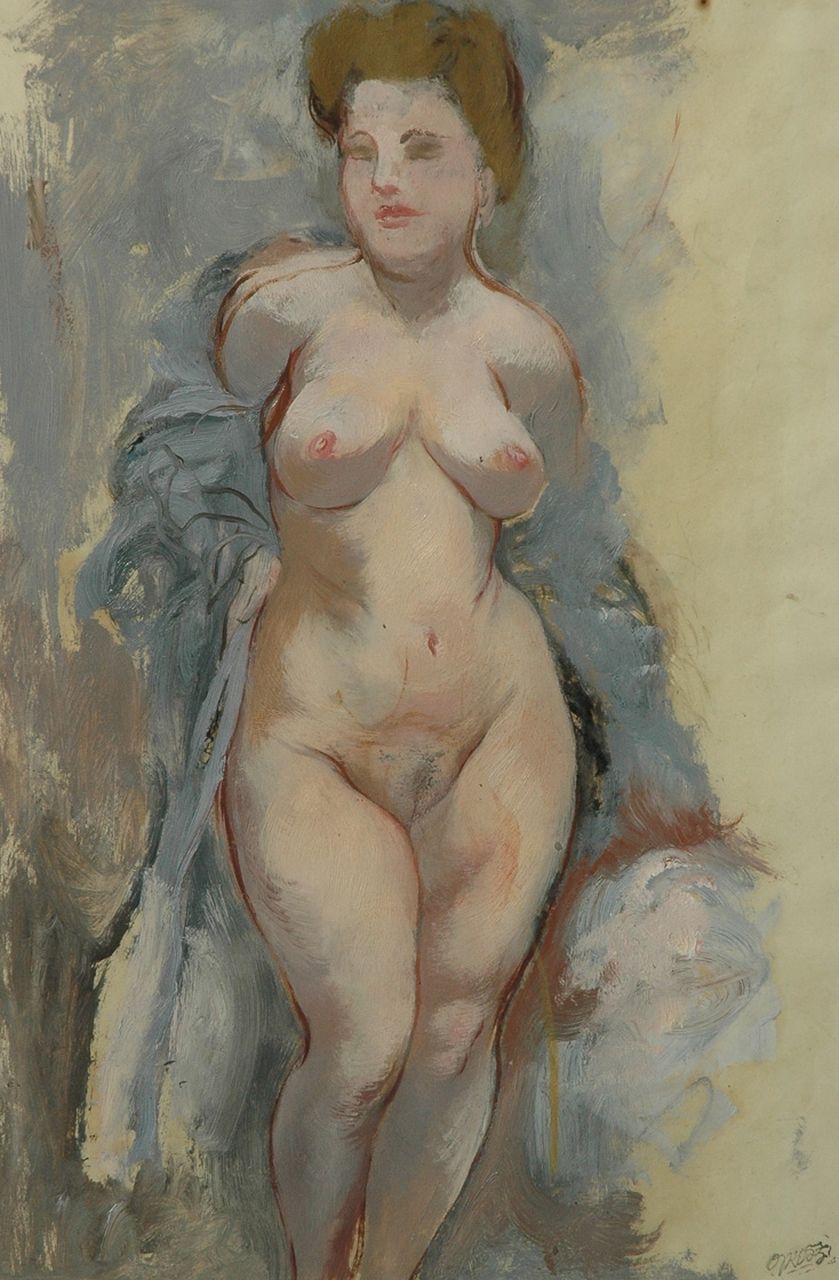 Grosz G.  | George 'Georg' Grosz, Staand naakt (de vrouw van de schilder); verso: Naakt, olieverf op papier 58,0 x 39,0 cm, gesigneerd rechtsonder met naamstempel en te dateren 1943