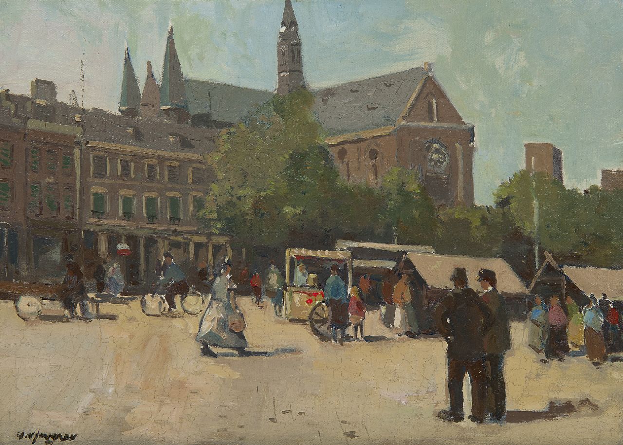 Jeveren G. van | Gerrit van Jeveren | Schilderijen te koop aangeboden | Markt bij de Bosjeskerk in Rotterdam, olieverf op doek 25,3 x 35,3 cm, gesigneerd linksonder