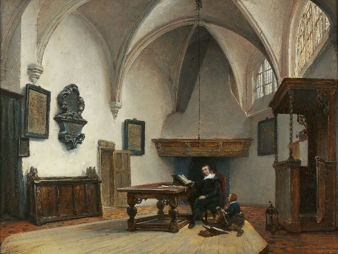 Bosboom J.  | Johannes Bosboom, De consistoriekamer van de Grote Kerk, Breda, olieverf op paneel 37,5 x 45,5 cm, gesigneerd rechtsonder (in schutkleur) en te dateren ca. 1850