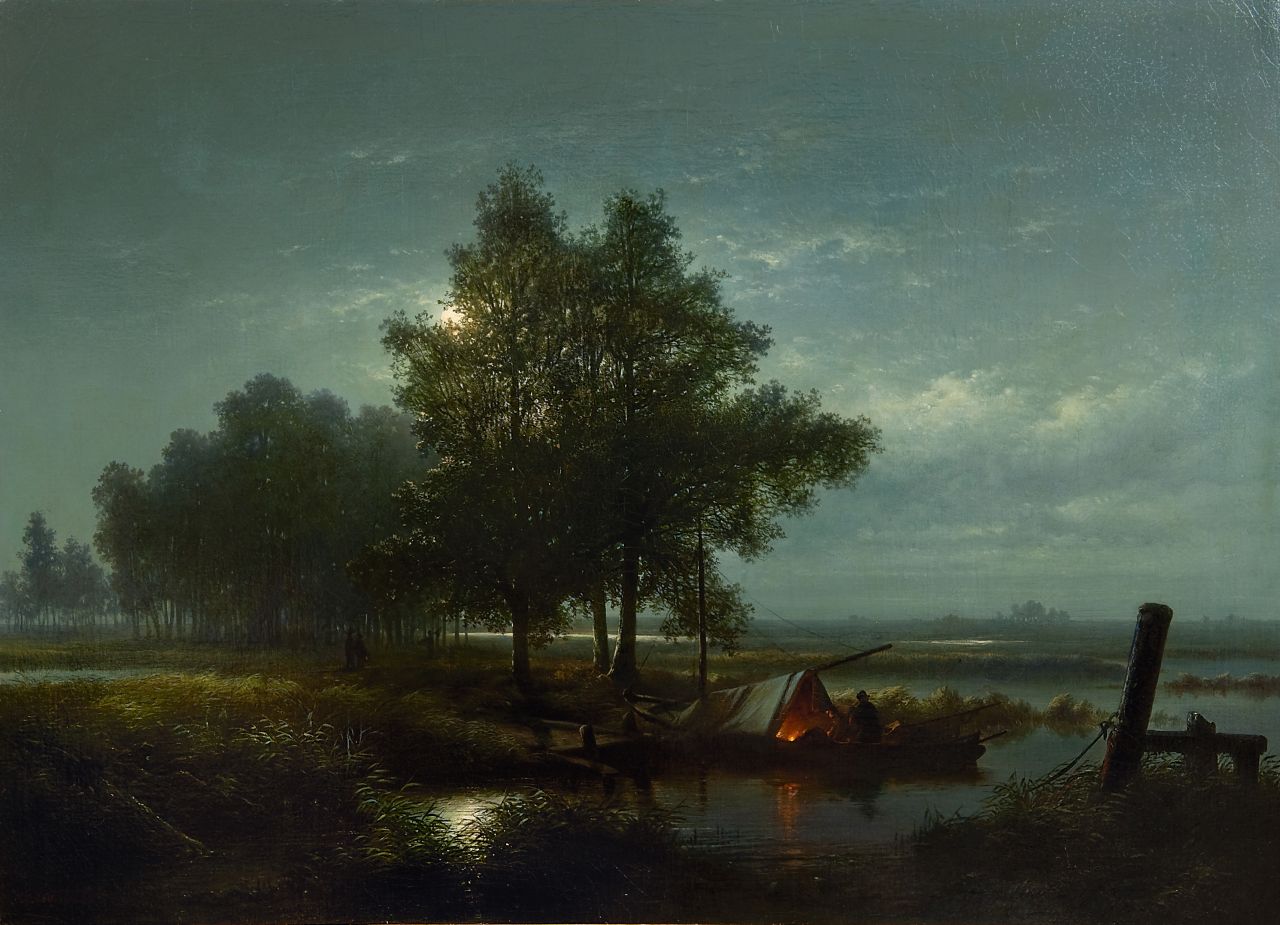 Winter L. de | Louis de Winter, Waterlandschap met vissers, bij maanlicht, olieverf op doek 61,7 x 85,8 cm, gesigneerd linksonder en gedateerd 1850