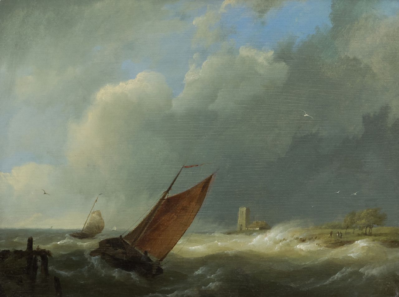 Koekkoek H.  | Hermanus Koekkoek | Schilderijen te koop aangeboden | Zeilschepen bij stormachtig weer, olieverf op paneel 18,7 x 24,8 cm, gesigneerd linksonder met initialen