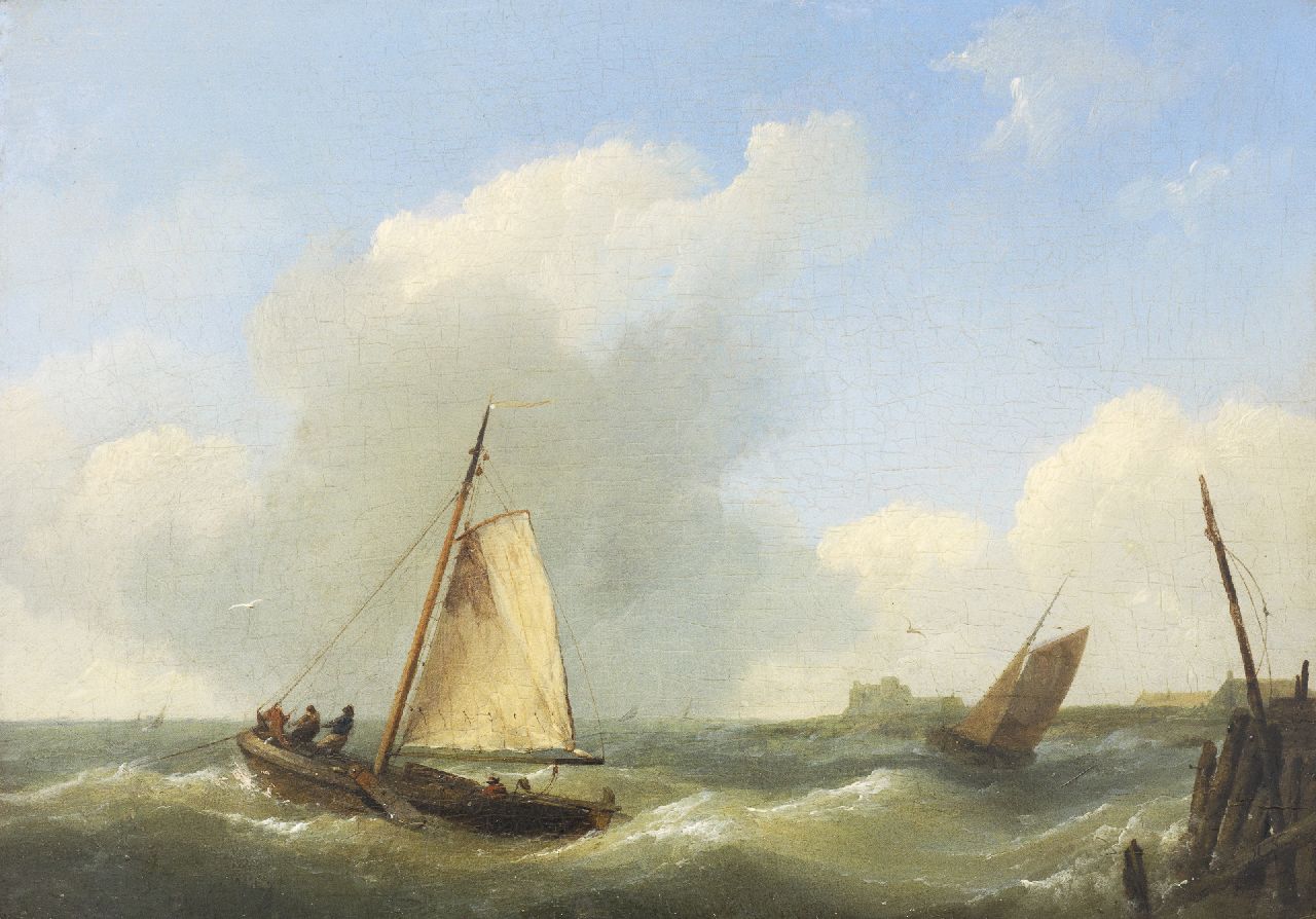 Koekkoek H.  | Hermanus Koekkoek, Vissersschepen op woelige zee bij Vlissingen, olieverf op paneel 17,0 x 23,5 cm, gesigneerd rechtsonder met initialen