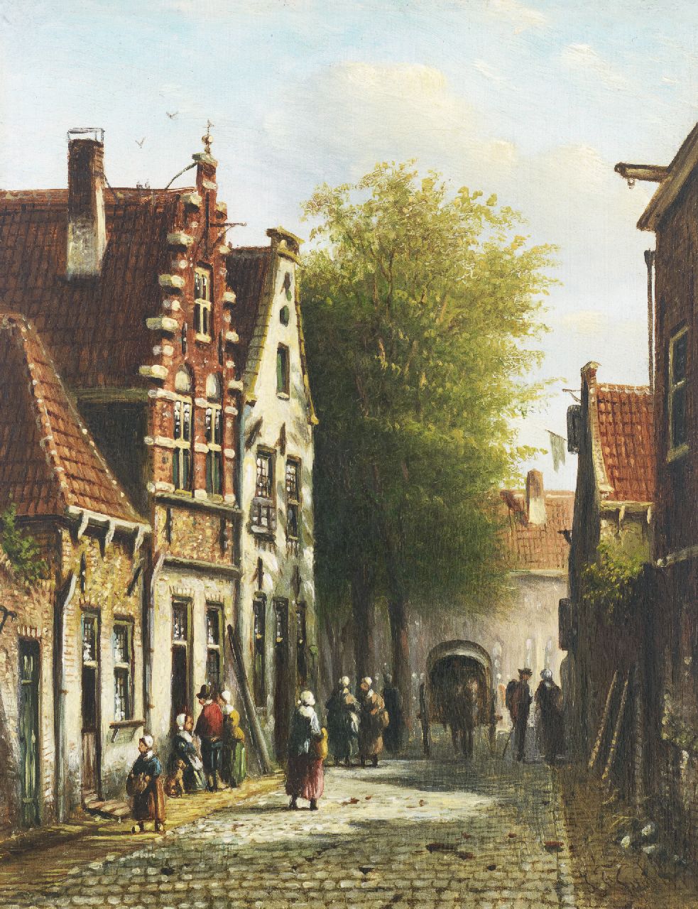 Spohler J.F.  | Johannes Franciscus Spohler, Zomers straatje met figuren en paard en wagen, olieverf op paneel 19,0 x 14,9 cm, gesigneerd rechtsonder