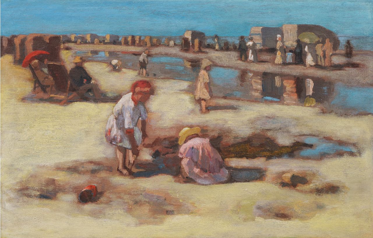 Maarel M. van der | Marinus van der Maarel, Spelende kinderen op het strand, bij eb, olieverf op doek 29,5 x 44,3 cm