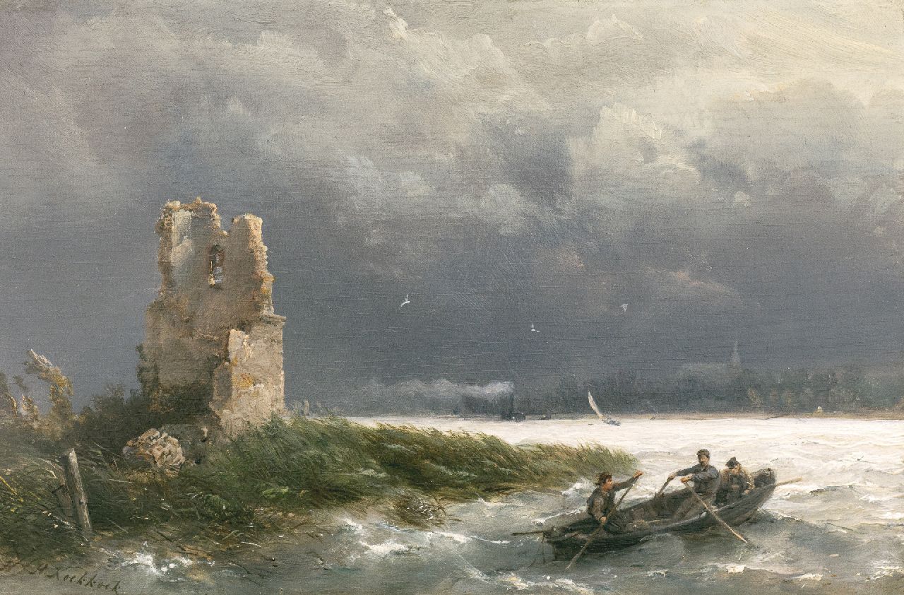 Koekkoek H.  | Hermanus Koekkoek, Roeiboot op een rivier bij stormachtig weer, olieverf op paneel 14,7 x 22,1 cm, gesigneerd linksonder