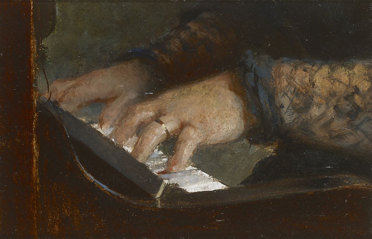 Lang A.  | Albert Lang, Pianospelende Marie Lang, de  vrouw van de schilder, olieverf op board 14,1 x 21,1 cm