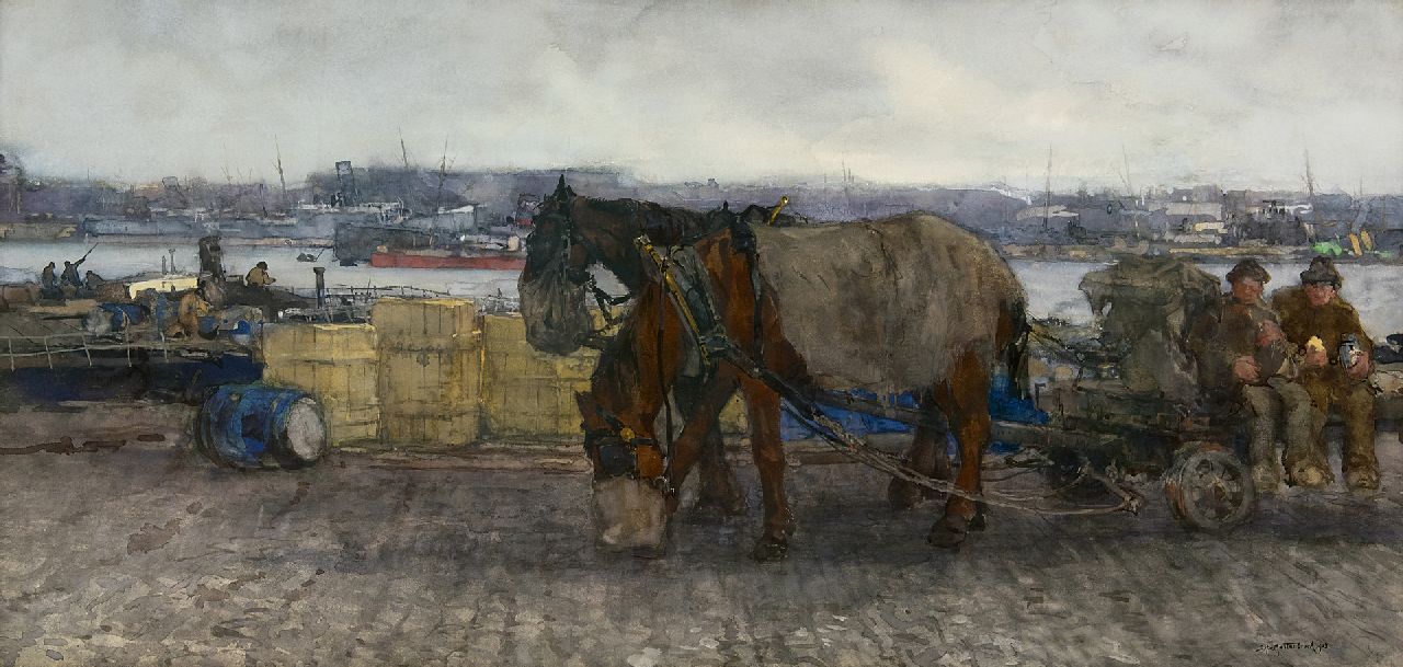 Mastenbroek J.H. van | Johan Hendrik van Mastenbroek, Schafttijd in de haven van Rotterdam, aquarel op papier 46,5 x 91,0 cm, gesigneerd rechtsonder en gedateerd 1903