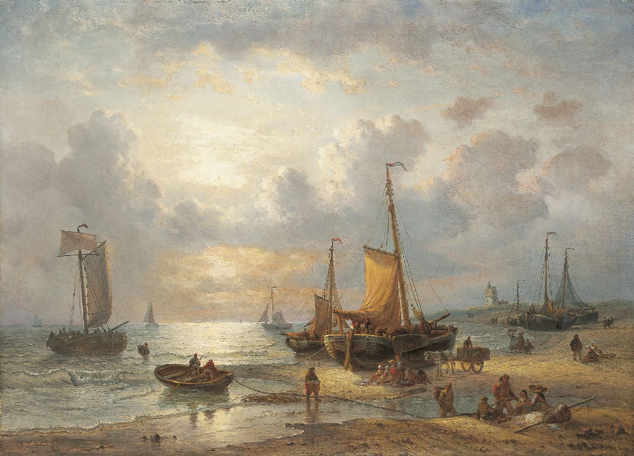George Willem Opdenhoff | Het uitladen van de vangst, olieverf op doek, 70,7 x 97,7 cm, gesigneerd l.o.