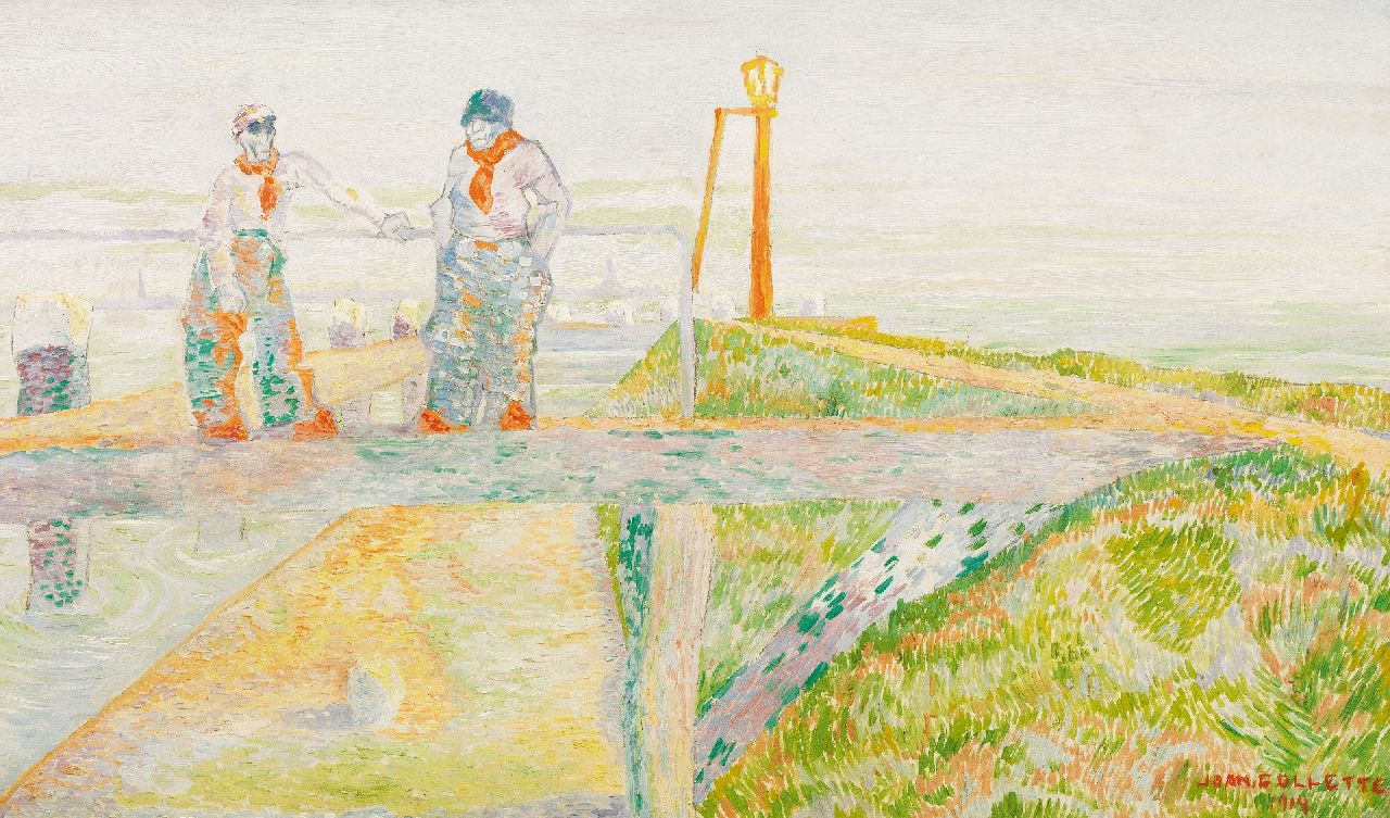 Joan Collette | Vissers op de dijk, olieverf op board, 45,7 x 76,6 cm, gesigneerd r.o. en gedateerd 1914
