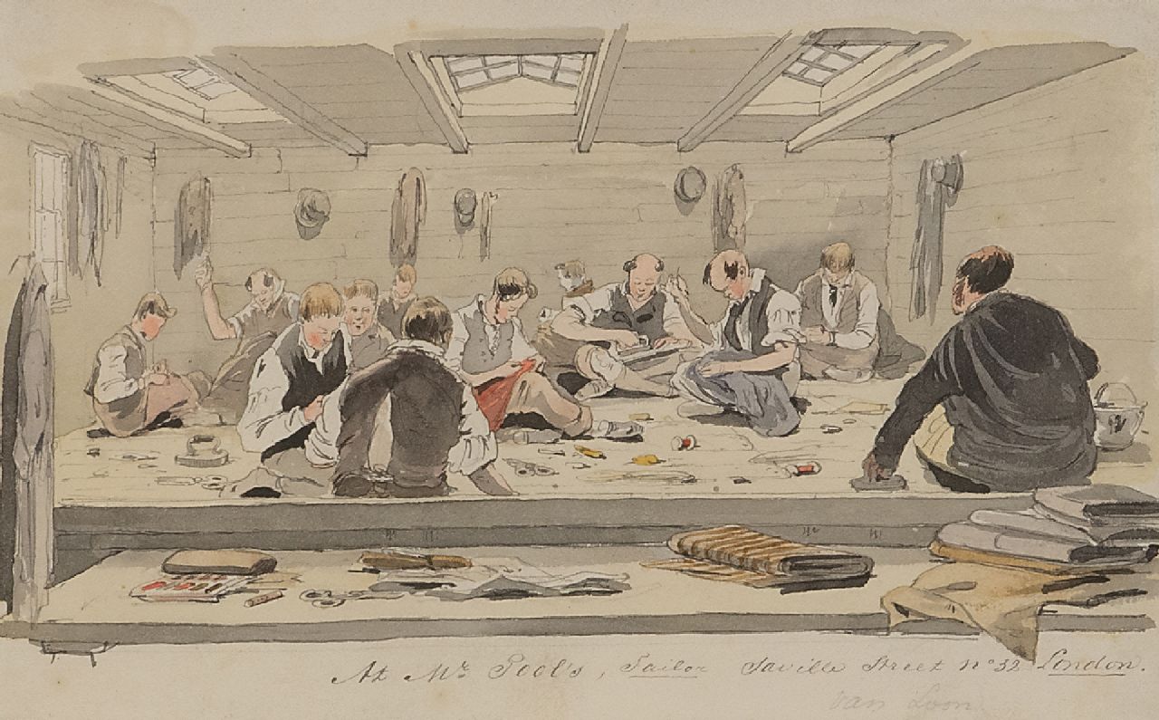 Pieter van Loon | Bij de kleermaker in Saville Street, Londen, aquarel op papier, 12,1 x 19,2 cm, gesigneerd r.o.