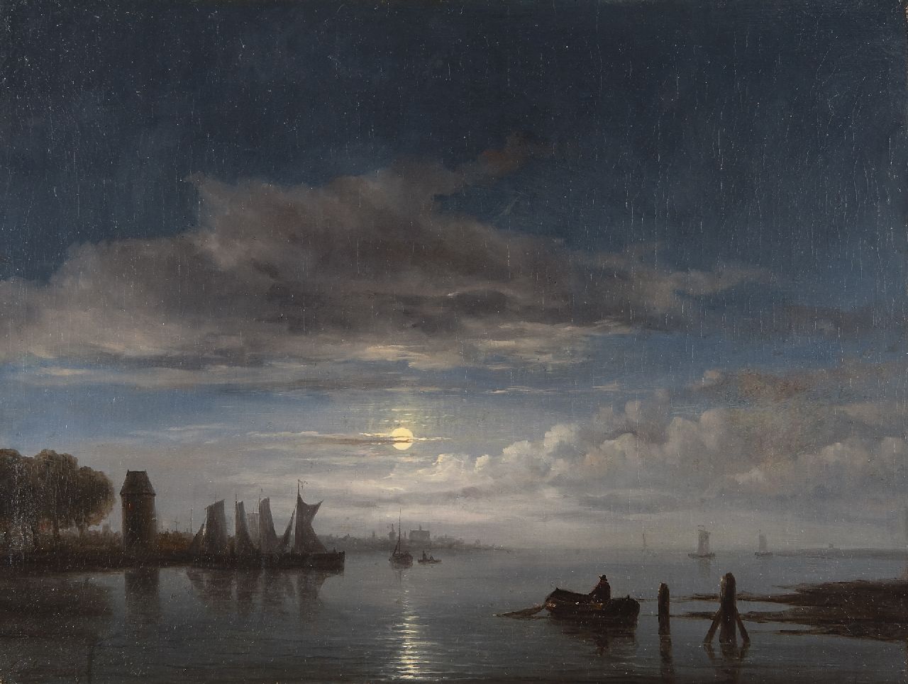 Immerzeel C.  | Christiaan Immerzeel, Aangemeerde zeilschepen bij maanlicht, olieverf op doek 46,8 x 62,4 cm, gesigneerd linksonder