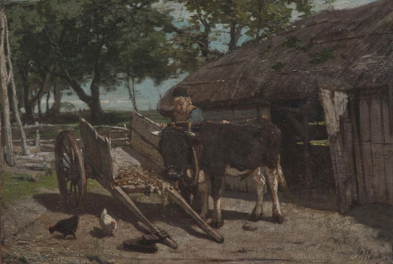 Mauve A.  | Anthonij 'Anton' Mauve, Het inspannen van de jonge stier, olieverf op paneel 28,0 x 41,0 cm, gesigneerd rechtsonder