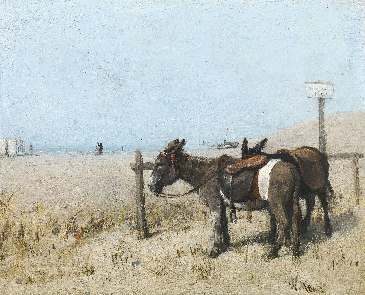 Maris W.  | Willem Maris, Ezels op het strand, olieverf op paneel 19,3 x 23,8 cm, gesigneerd rechtsonder en te dateren ca. 1866-1868