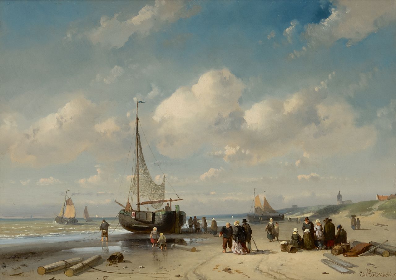 Leickert C.H.J. | 'Charles' Henri Joseph Leickert, Vissers en wandelaars op het strand bij Scheveningen, olieverf op paneel 27,5 x 38,7 cm, gesigneerd rechtsonder voluit en linksonder onduidelijk en gedateerd '57 Leickert C.H.J. | 'Charles' Henri Joseph Leickert, Vissers en wandelaars op het strand bij Scheveningen, olieverf op paneel 27,5 x 38,7 cm, gesigneerd rechtsonder voluit en linksonder onduidelijk en gedateerd '57