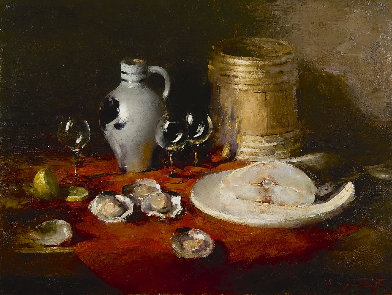 Gelderen S. van | Simon van Gelderen, Stilleven met oesters, kruik en vis, olieverf op doek 60,1 x 80,0 cm, gesigneerd rechtsonder