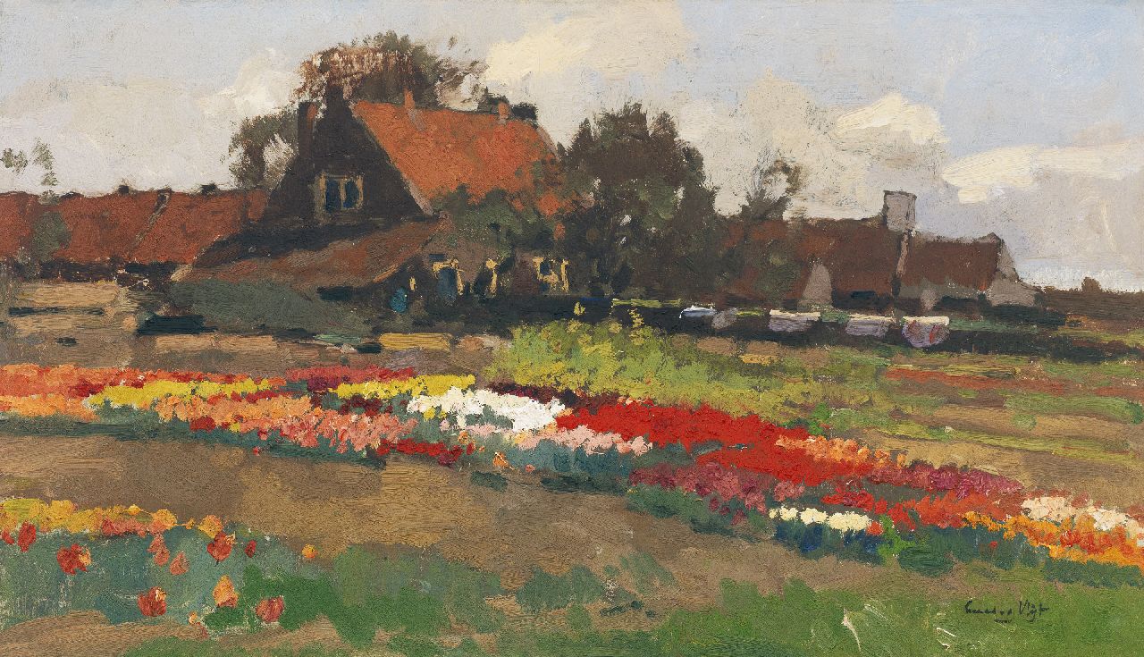 Vlist L. van der | Leendert van der Vlist, Boerderij tussen tulpenvelden, olieverf op doek 36,1 x 60,9 cm, gesigneerd rechtsonder