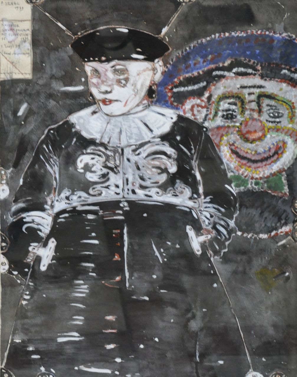 Sengl P.  | Peter Sengl, Fixierter Schwarzclown mit Clownstickerei, gouache op papier 60,5 x 46,7 cm, gesigneerd linksboven en gedateerd 1979