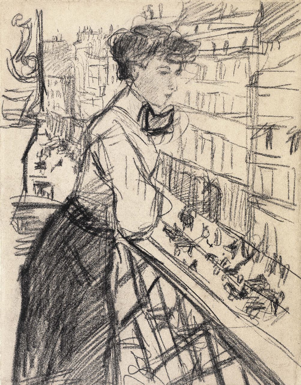 Israels I.L.  | 'Isaac' Lazarus Israels, Vrouw op een balkon, Parijs, zwart krijt op papier 30,2 x 23,6 cm