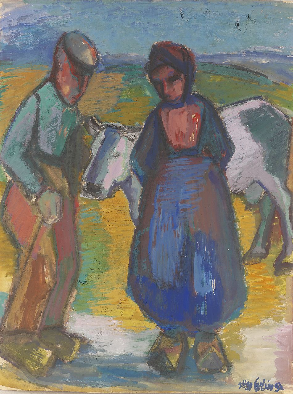 Eelsingh C.  | Christiana 'Stien' Eelsingh, Boerenechtpaar met koe, gouache op papier 63,0 x 48,3 cm, gesigneerd rechtsonder en te dateren 1950-1955