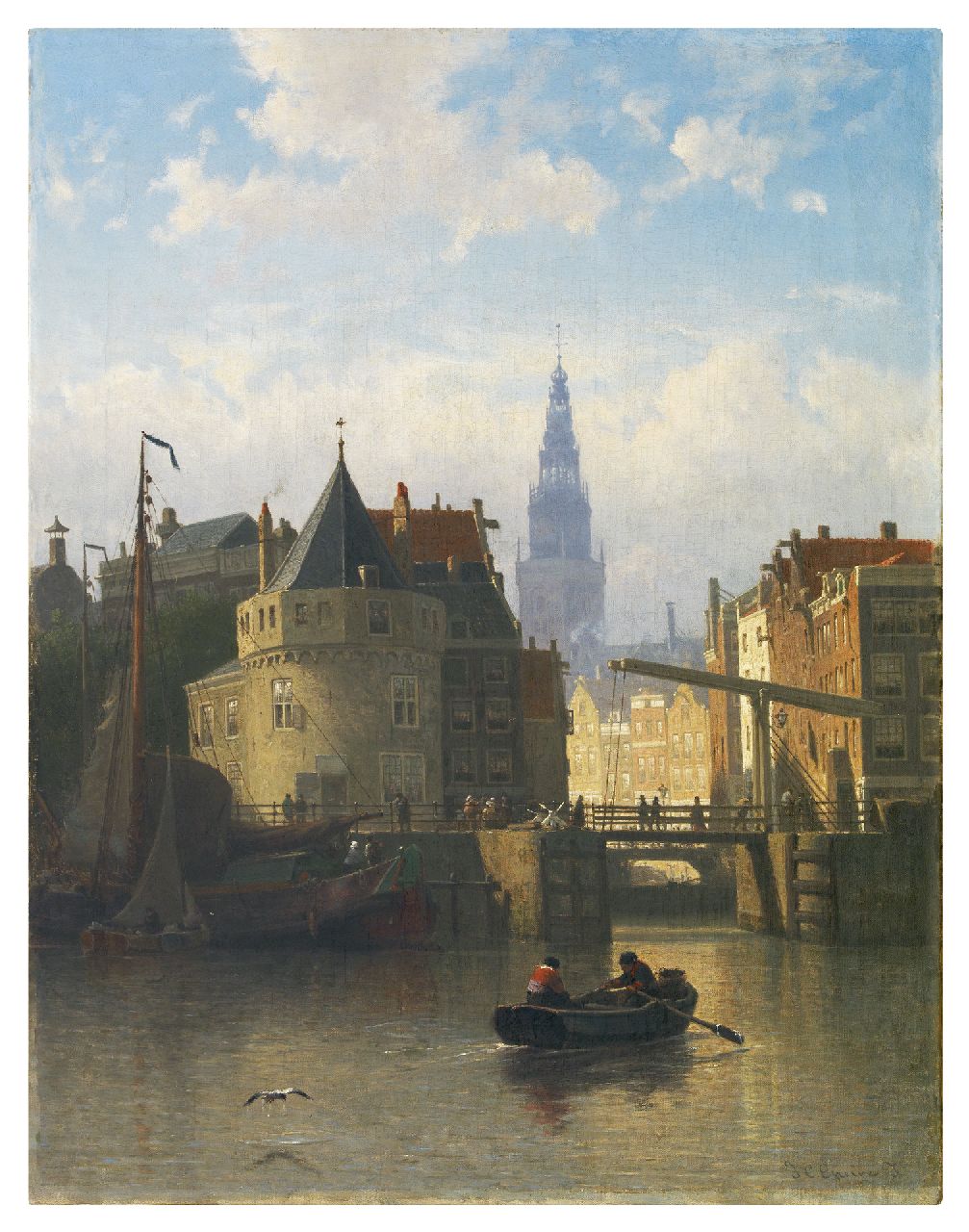 Greive J.C.  | Johan Conrad 'Coen' Greive, Gezicht op de IJkant, Amsterdam, met de Schreierstoren, olieverf op doek 58,9 x 46,8 cm, gesigneerd rechtsonder
