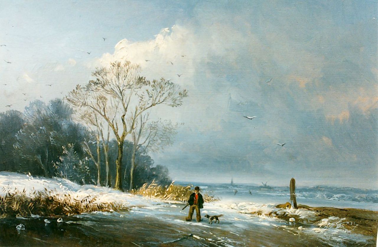 Mulder J.H.  | Jacobus Henricus Mulder, Jager op een bevroren waterje, olieverf op paneel 17,1 x 23,6 cm