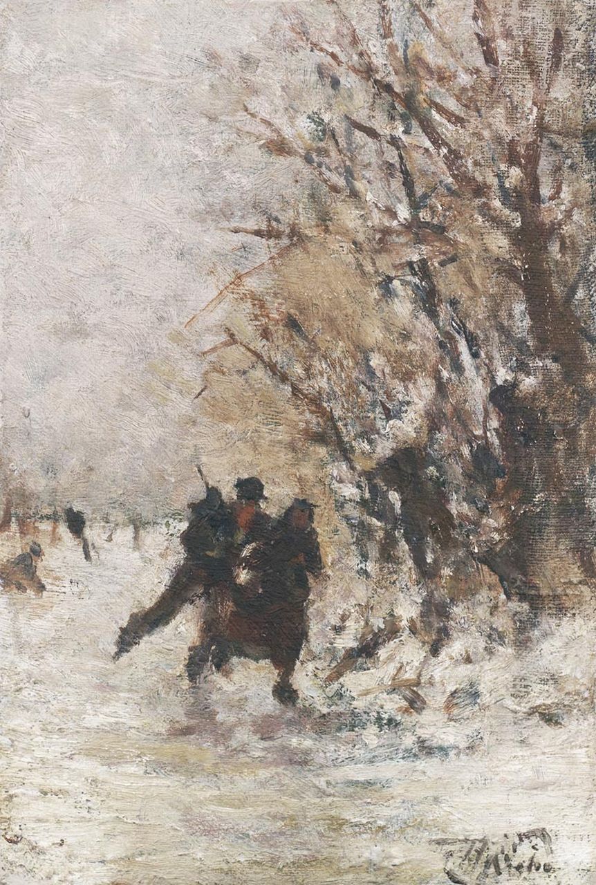 Seben H. van | Henri van Seben, Schaatspaar in een winterlandschap, olieverf op doek op paneel 17,4 x 11,7 cm, gesigneerd rechtsonder
