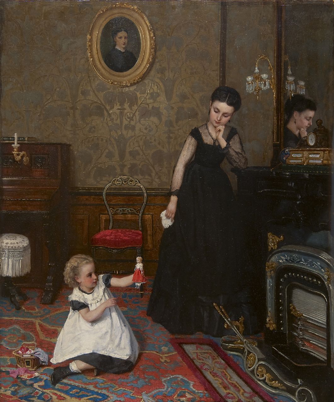 Neuhuys J.A.  | Johannes 'Albert' Neuhuys, Interieur met moeder en kind, olieverf op paneel 79,7 x 64,9 cm, gesigneerd rechts van het midden. en gedateerd '70