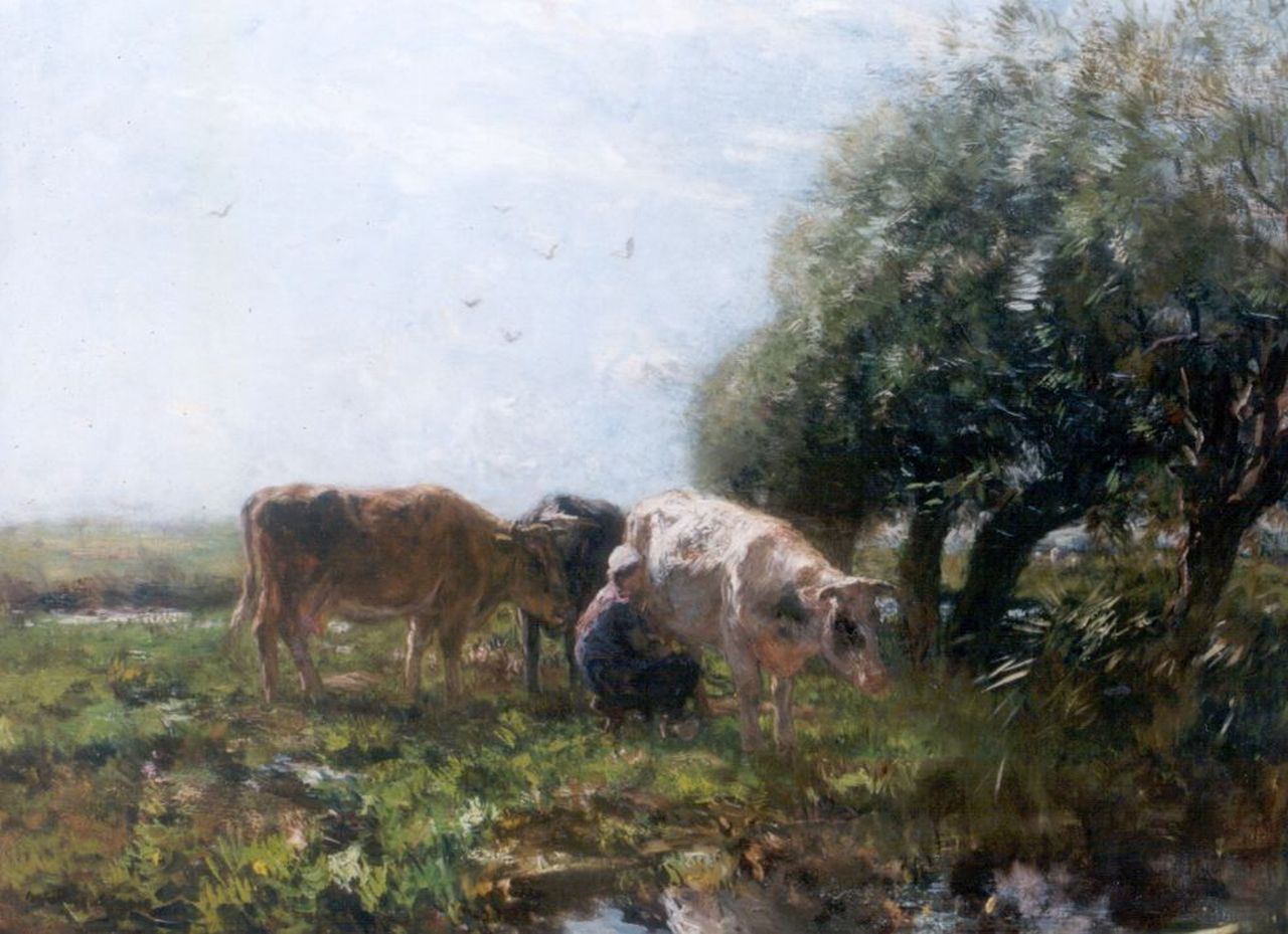 Maris W.  | Willem Maris, Melktijd, olieverf op doek 75,0 x 100,5 cm, gesigneerd linksonder