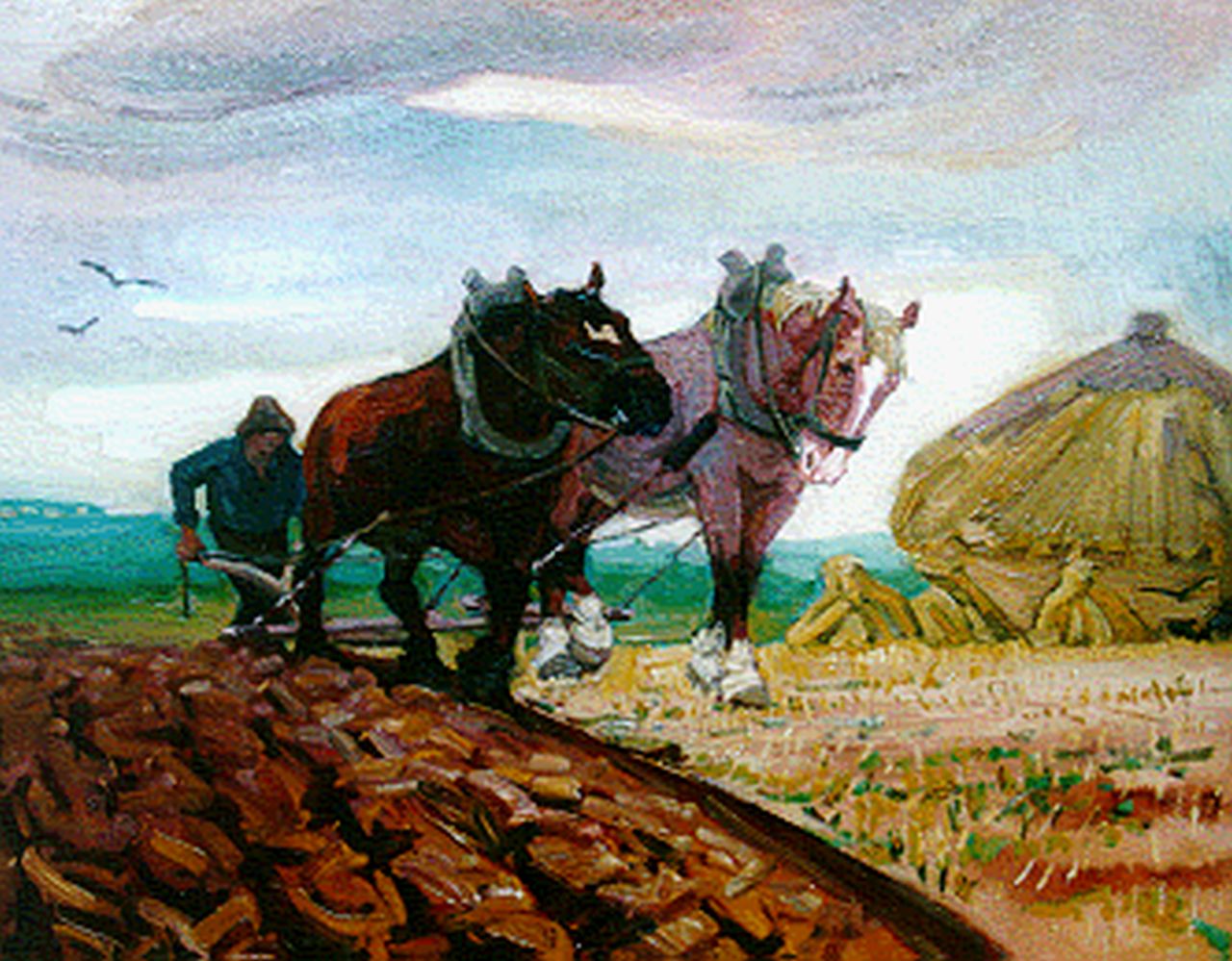 Gouwe A.H.  | Adriaan Herman Gouwe, Ploegende boer, olieverf op doek 59,2 x 74,0 cm, gesigneerd linksonder
