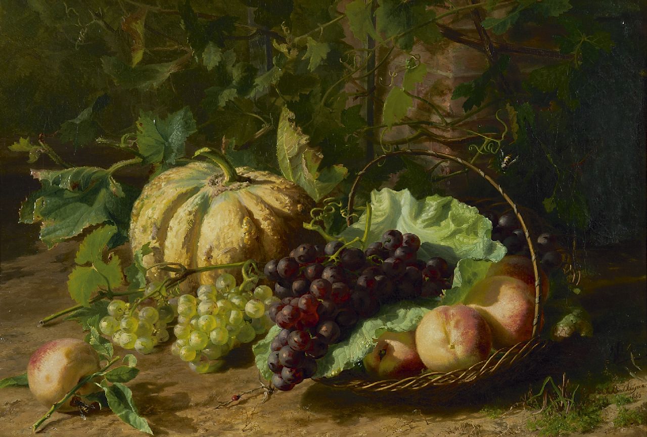 Sande Bakhuyzen G.J. van de | 'Gerardine' Jacoba van de Sande Bakhuyzen | Schilderijen te koop aangeboden | Stilleven met fruit, olieverf op doek 51,5 x 74,0 cm, gesigneerd rechtsonder en gedateerd 1860