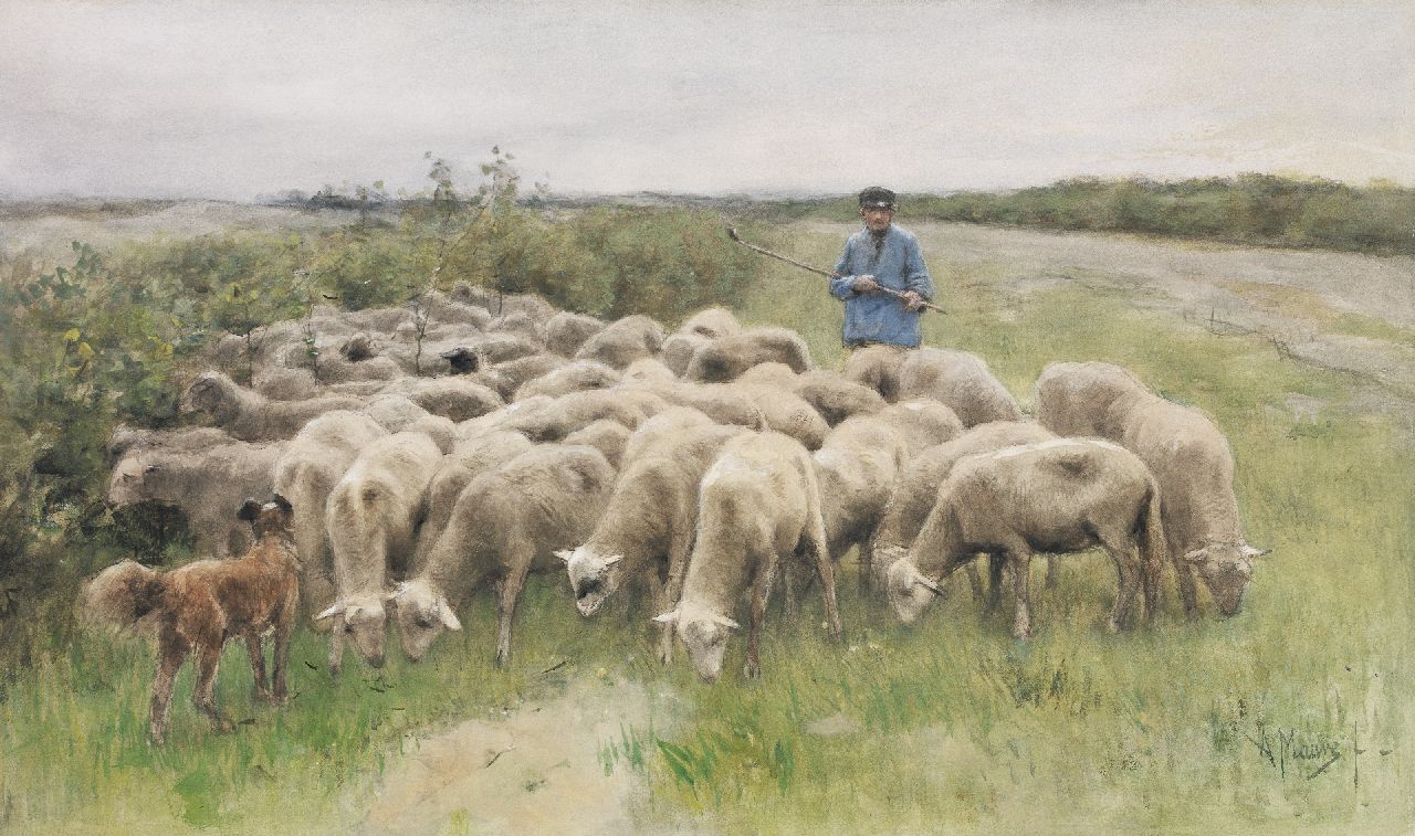 Mauve A.  | Anthonij 'Anton' Mauve, Schaapherder met kudde op de Larense hei, aquarel op papier 55,3 x 91,0 cm, gesigneerd rechtsonder