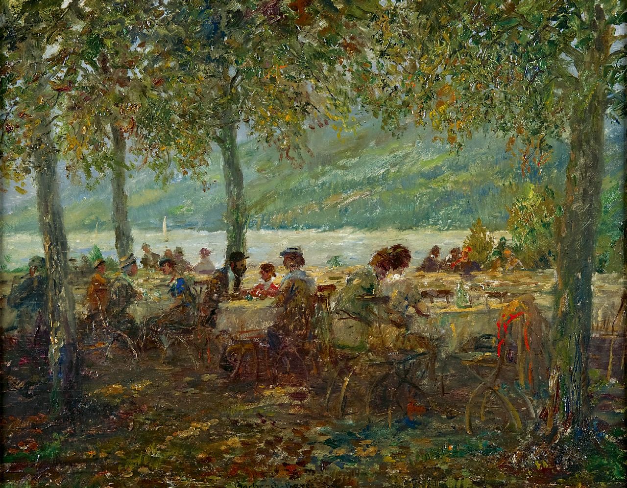 Emanuel Bachrach-Barée | Cafétuin aan een meer, olieverf op paneel, 50,0 x 63,0 cm, gesigneerd m.o. en gedateerd 1934