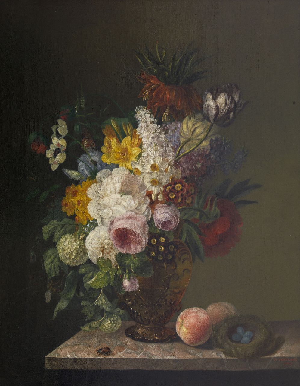 Vervloet A.  | Augustine Vervloet, Bloemen in vaas met insect en vogelnestje, olieverf op doek 80,4 x 64,4 cm, gesigneerd rechtsonder en gedateerd 1888