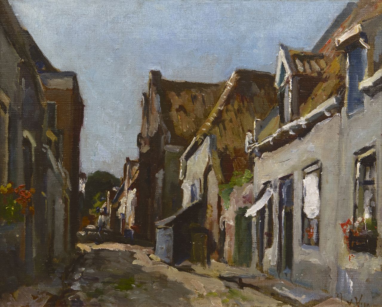Vuuren J. van | Jan van Vuuren, Zonnig straatje in Elburg, olieverf op doek 24,4 x 29,5 cm, gesigneerd rechtsonder met initialen