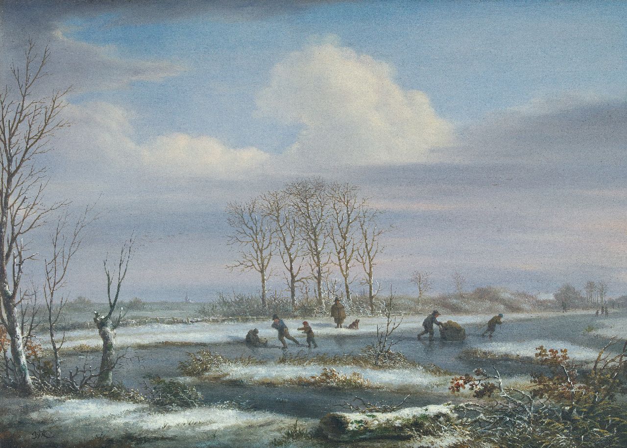 Jacob Kouwenhoven | Winterlandschap met schaatsers, olieverf op paneel, 31,0 x 43,6 cm, gesigneerd l.o. met initialen