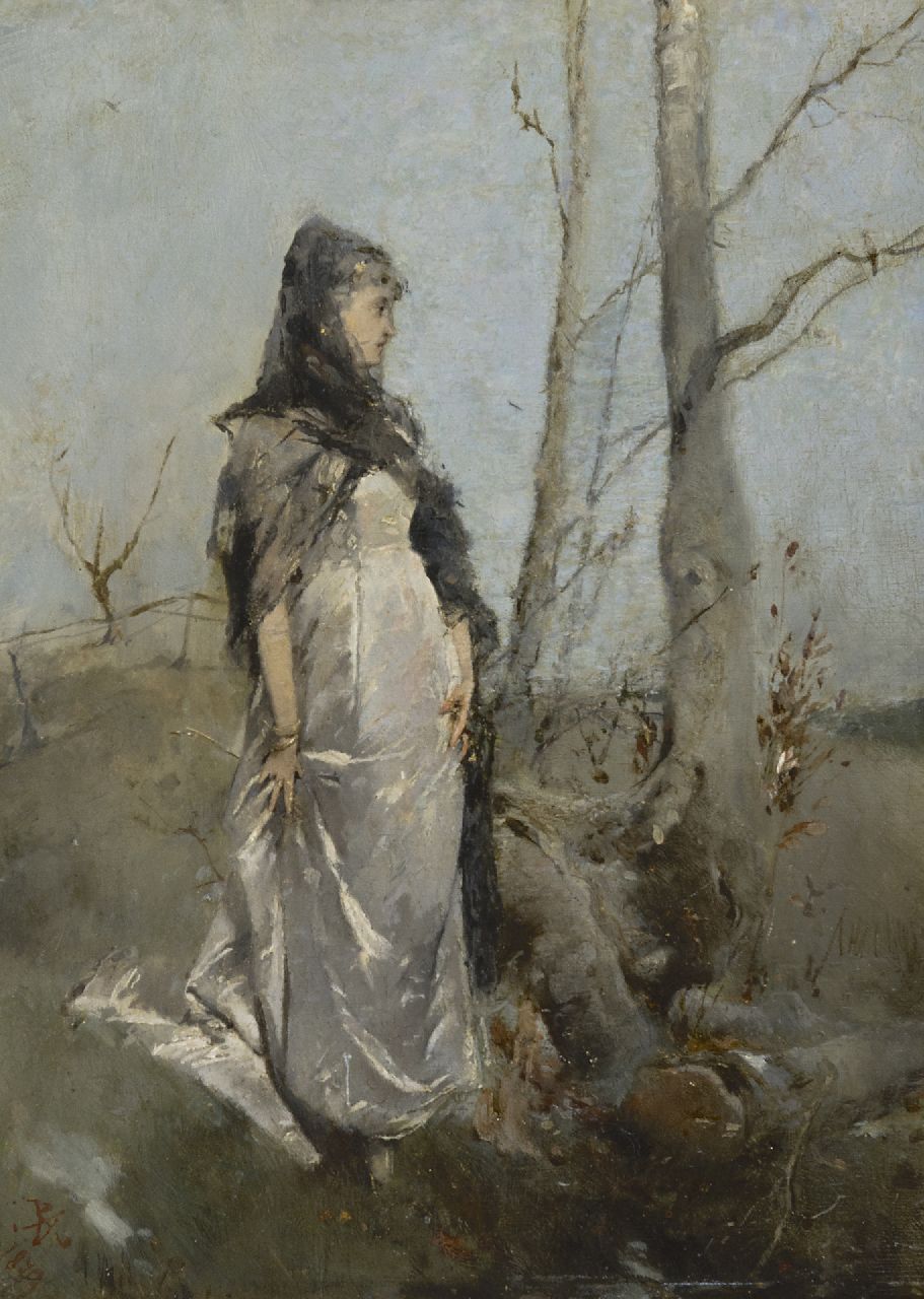 Haaxman P.A.  | Pieter Alardus Haaxman | Schilderijen te koop aangeboden | Vrouw in een landschap, olieverf op paneel 34,0 x 25,5 cm, gesigneerd linksonder met monogram en gedateerd 1879
