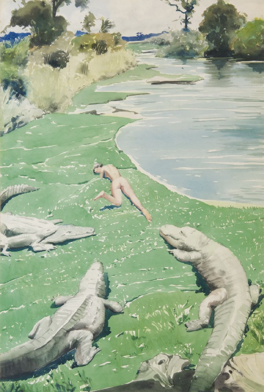 Kloos C.  | Cornelis Kloos | Aquarellen en tekeningen te koop aangeboden | Alligators, aquarel op papier 59,9 x 40,4 cm, gesigneerd rechtsonder en gedateerd '51