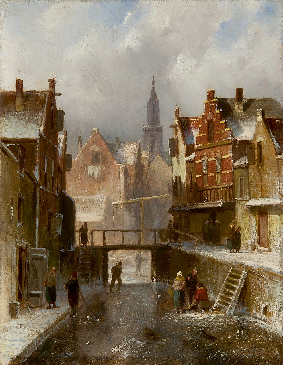 Leickert C.H.J.  | 'Charles' Henri Joseph Leickert, IJstafereel op de stadsgracht van Amsterdam, olieverf op paneel 27,0 x 20,9 cm, gesigneerd rechtsonder (vaag)