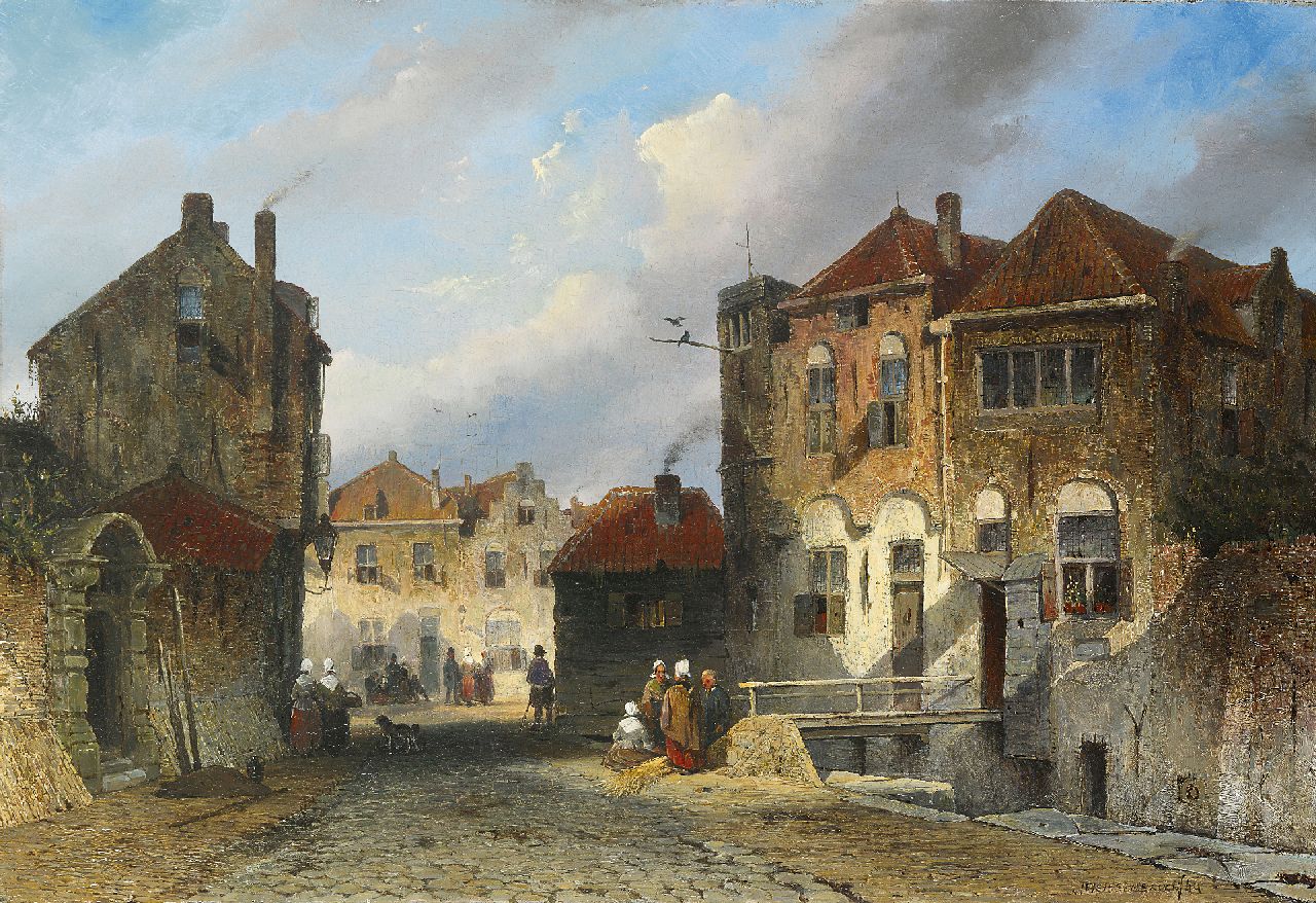 Weissenbruch J.  | Johannes 'Jan' Weissenbruch, Bedrijvigheid in een zonnig Hollands straatje, olieverf op paneel 34,8 x 50,9 cm, gesigneerd rechtsonder en verso met initialen en gedateerd '44
