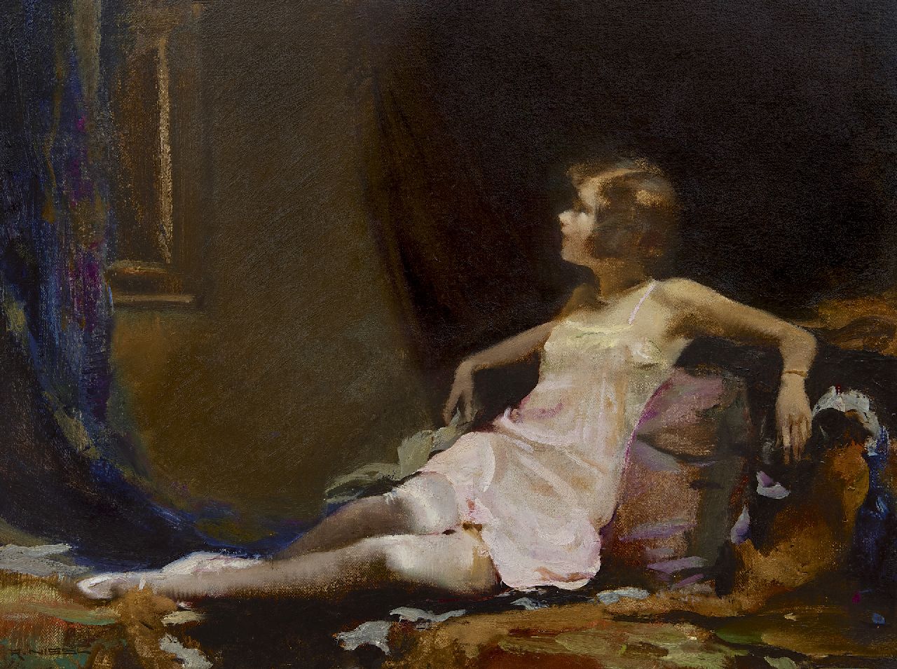 Nissl R.  | Rudolf Nissl, Rustend meisje (in roze onderjurk), olieverf op doek 51,1 x 66,9 cm, gesigneerd linksonder