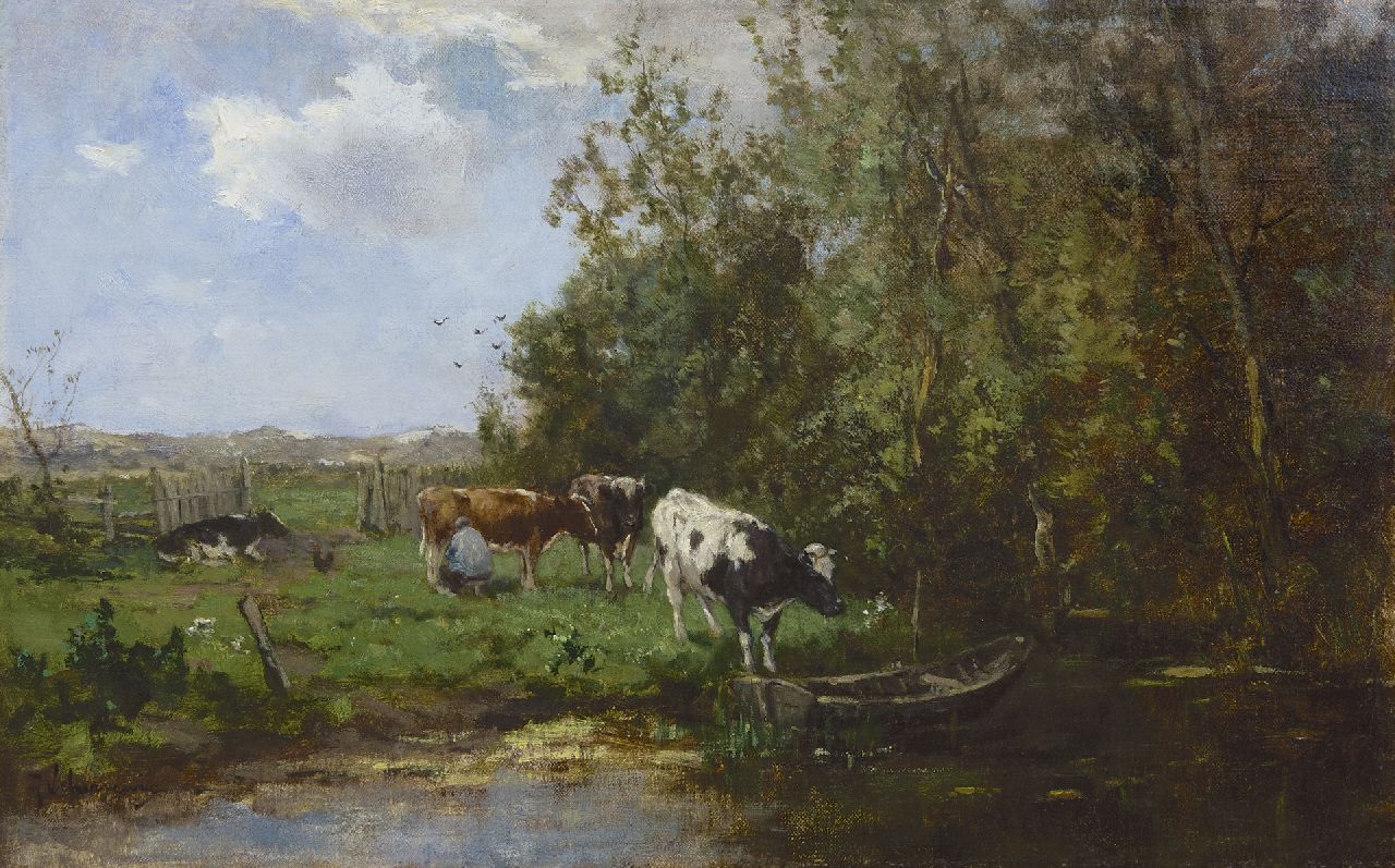 Scherrewitz J.F.C.  | Johan Frederik Cornelis Scherrewitz, Koeien melken achter de duinen, olieverf op doek 35,7 x 55,4 cm, gesigneerd linksonder