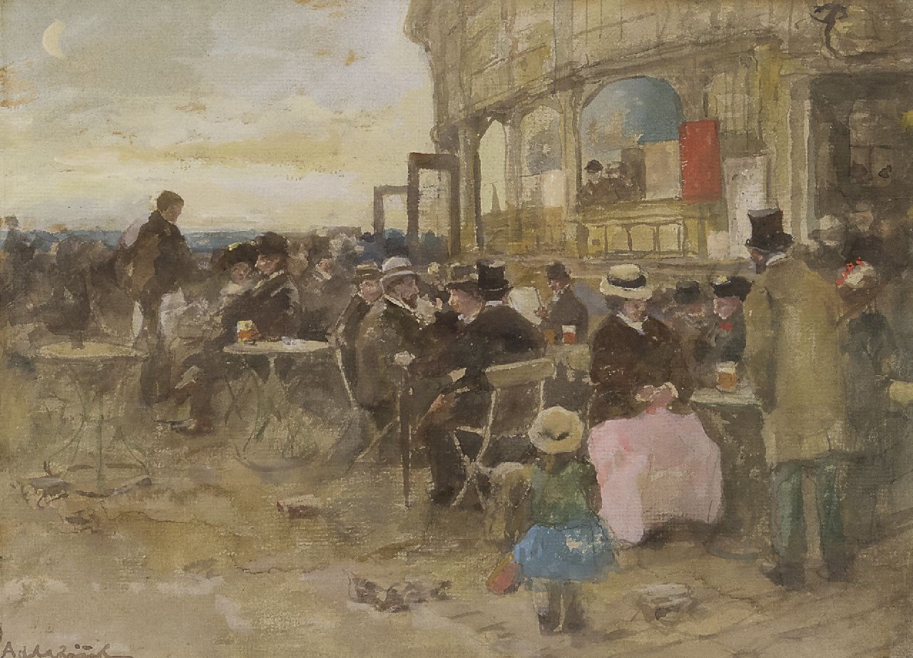 Rivière A.P. de la | Adrianus Philippus 'Adriaan' de la Rivière, Het terras van het Paviljoen op het Wandelhoofd, Scheveningen, aquarel op papier 21,2 x 28,3 cm, gesigneerd linksonder