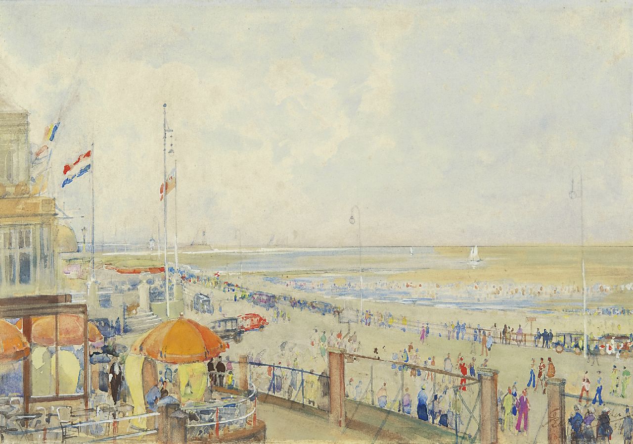 Bakker F.  | Frans Bakker, Zomers Scheveningen, aquarel op papier 24,0 x 34,1 cm, gesigneerd rechtsonder en gedateerd '34