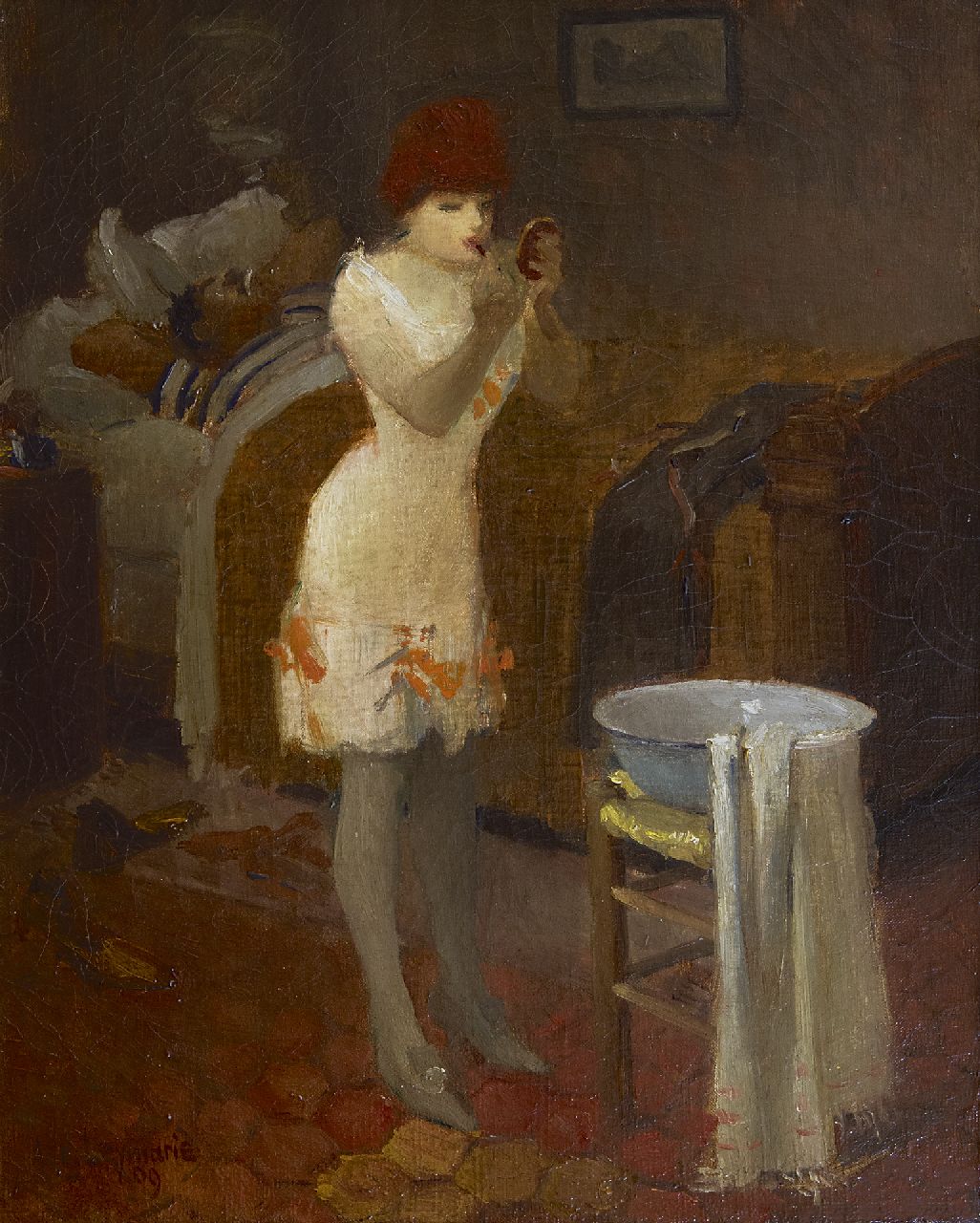 Leymarie A.L.  | Auguste Louis Leymarie, Het ochtendtoilet, olieverf op doek 40,9 x 32,5 cm, gesigneerd linksonder en gedateerd '09