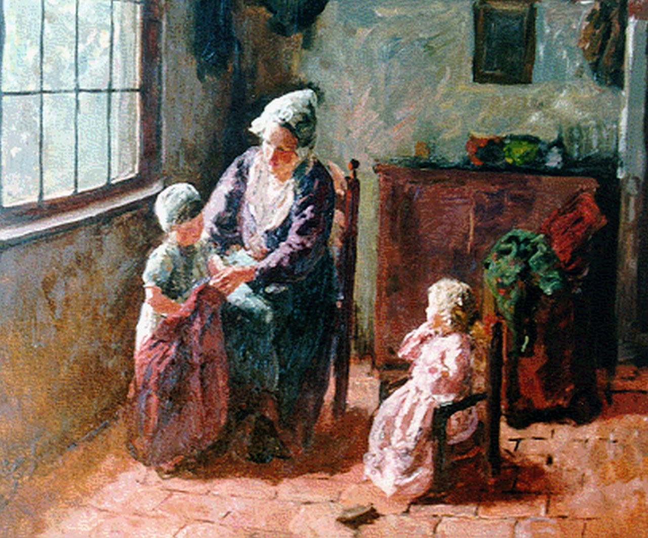 Pothast B.J.C.  | 'Bernard' Jean Corneille Pothast, Moeder en kinderen in interieur (studie), olieverf op doek 53,0 x 65,0 cm