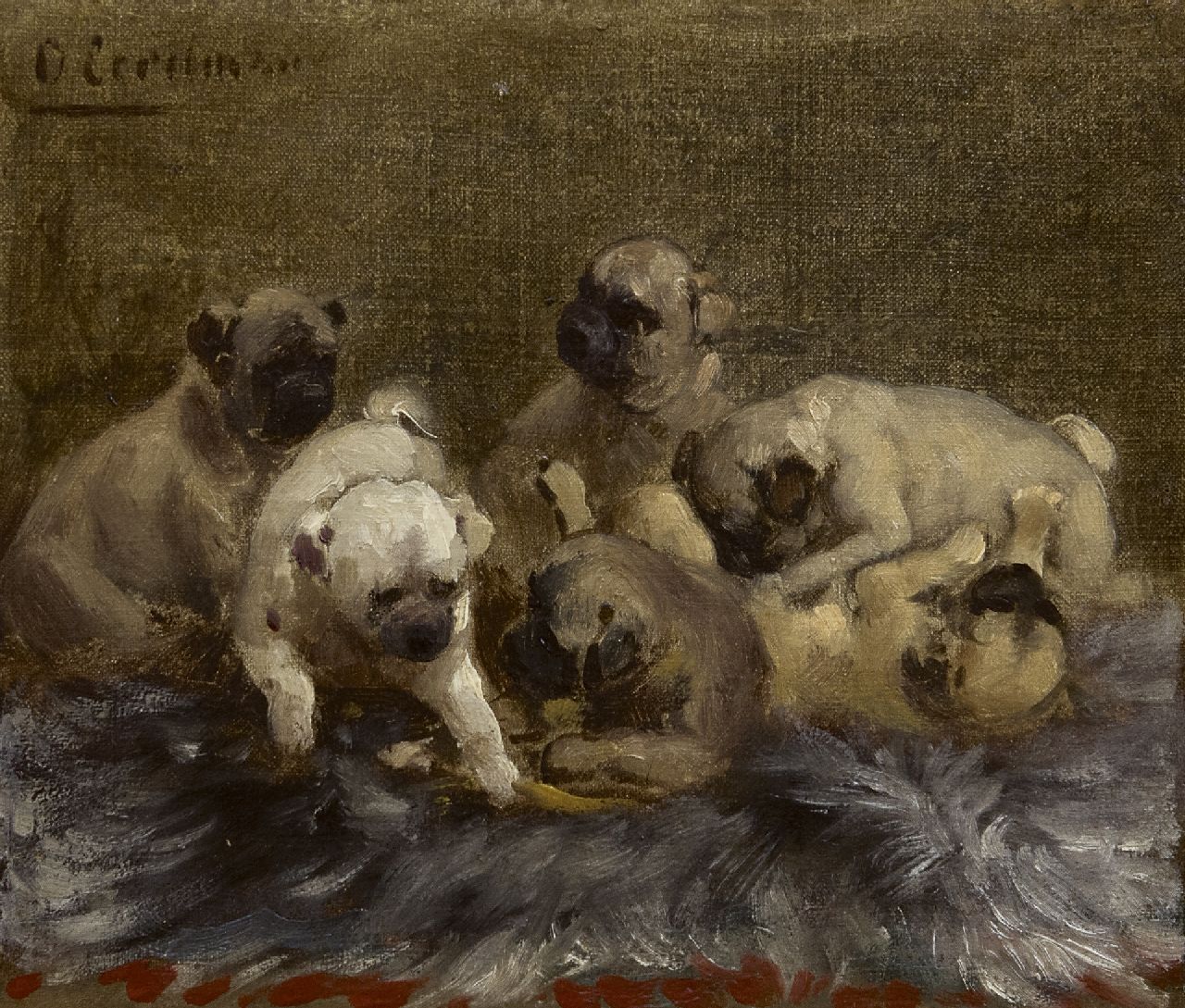 Eerelman O.  | Otto Eerelman, Spelende pups, olieverf op doek op board 18,8 x 21,5 cm, gesigneerd linksboven