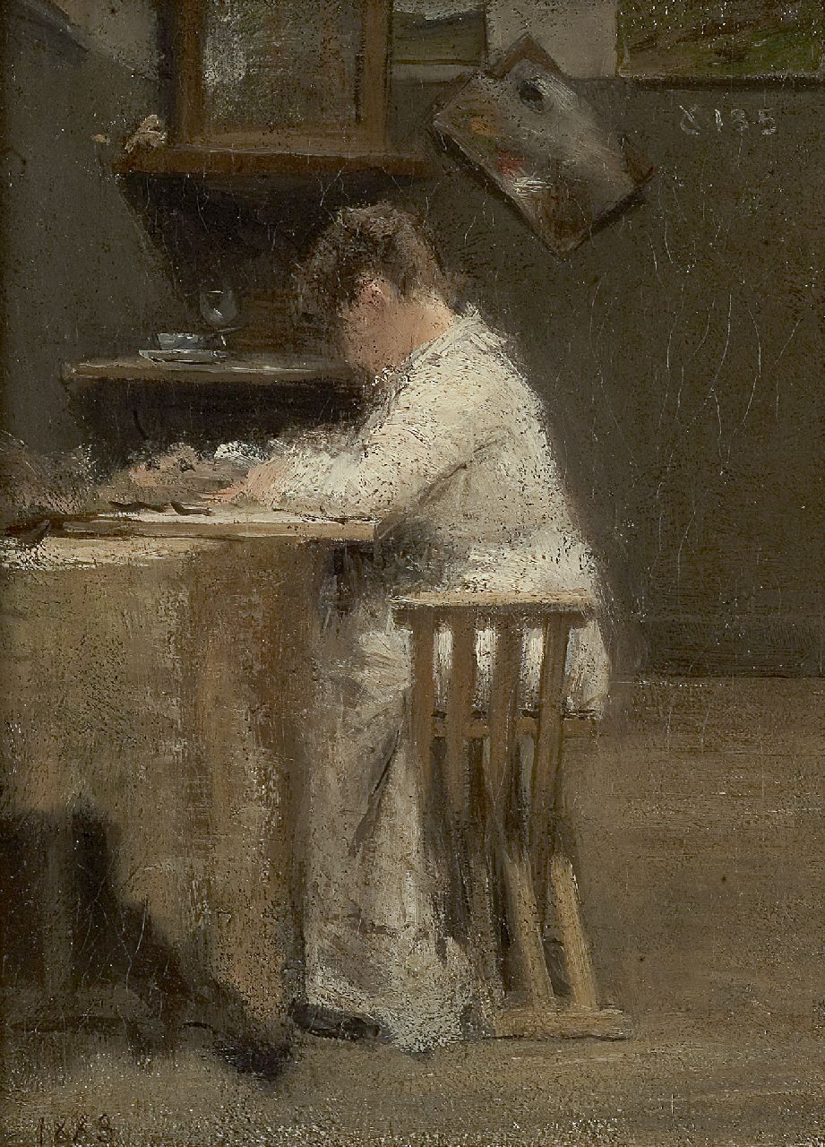 Toorop J.Th.  | Johannes Theodorus 'Jan' Toorop, Lezende vrouw aan tafel, olieverf op doek 37,2 x 28,0 cm, gedateerd 1883